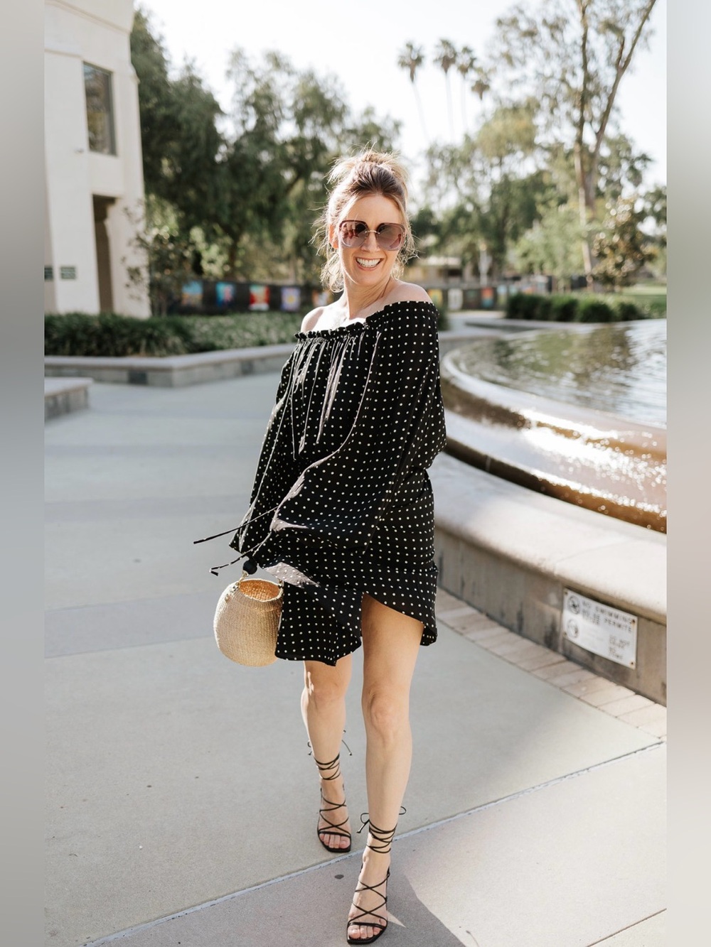 ROTATE by Birger Christensen Black Polka Dot Off-Shoulder Carly Dress
